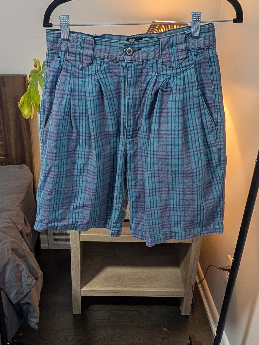 Fluid Teal and Purple Plaid Flat Front Shorts